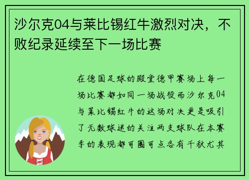 沙尔克04与莱比锡红牛激烈对决，不败纪录延续至下一场比赛